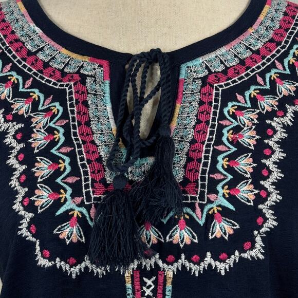 Style & Co Small Peasant Top Embroidered Tasseled Keyhole Cap Sleeve Stretch New - Picture 2 of 8